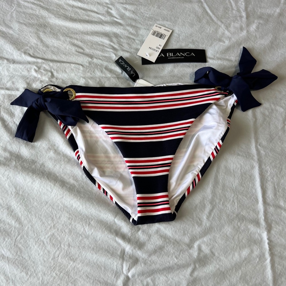 La Blanca Nautical Bikini‎ Bottom Sz 14 Navy Red White Striped Side Tie NWT